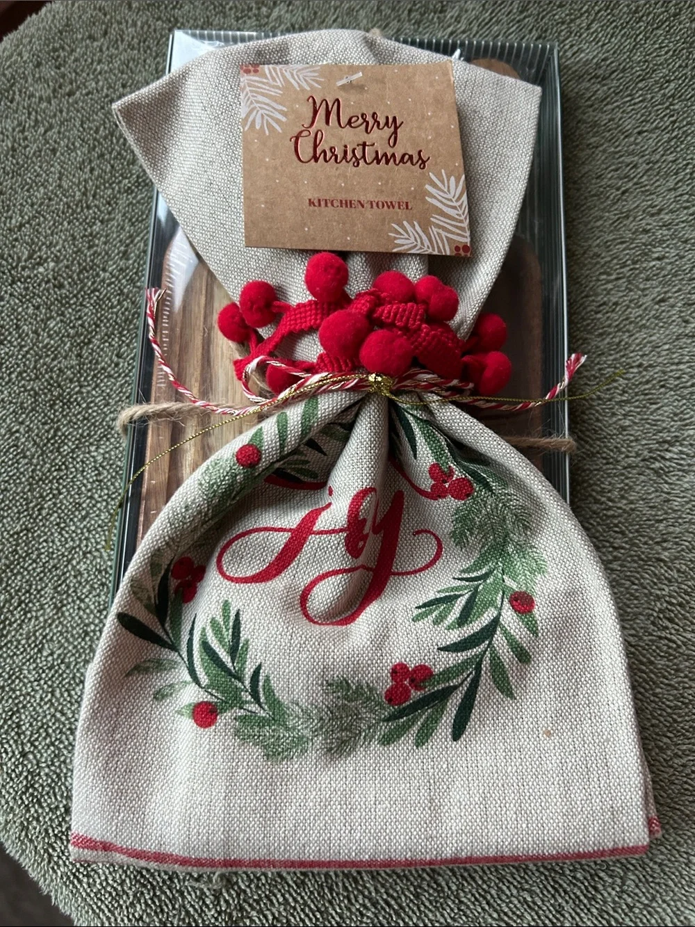 Linen Christmas Kitchen Towel with small charcuterie board and server